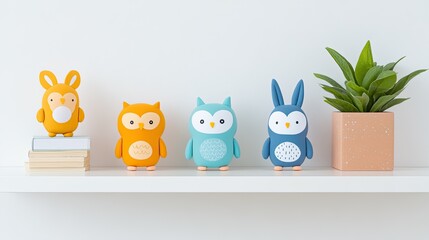 Colorful cartoon animal figures on a shelf beside a potted plant in a bright, modern room
