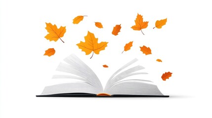 An open book with pages fluttering, surrounded by falling orange leaves, symbolizing knowledge and nature