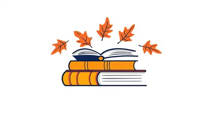Illustrated stack of books with falling autumn leaves, symbolizing knowledge and seasonal change