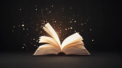 An open book with pages turning, surrounded by magical sparkles against a dark background