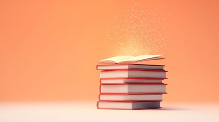 Stacked books with an open book emitting magical sparkles against a warm orange background