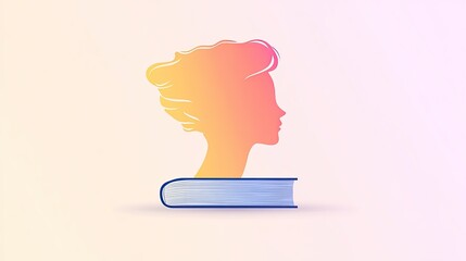 Silhouette of a woman's profile emerging from a colorful book against a soft gradient background