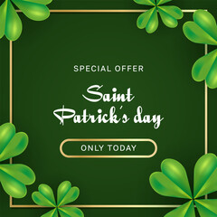 St. Patricks Day special offer with green quatrefoils. Coupon, certificate, discount, sale. Vector illustration for shopping, fashion