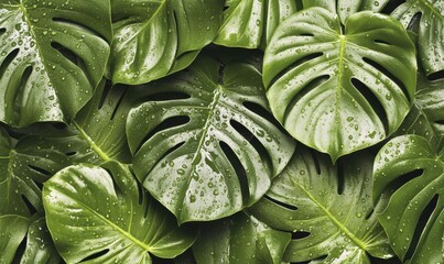 Lush green monstera leaves with water droplets, tropical background, nature texture for design
