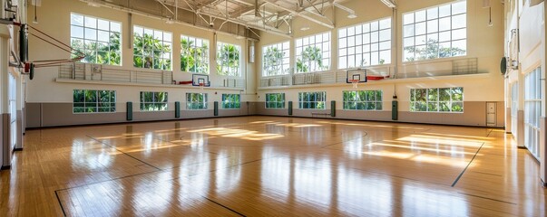 Spacious indoor basketball court with natural light.