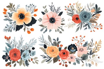 Obraz premium Vibrant Floral Bouquet Arrangement with Botanical Greenery and Rustic Textures in Soft Vintage Color Palette