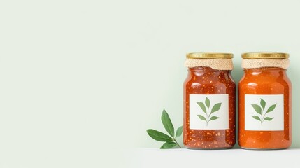 Two jars of vibrant sauce with green leaf labels on a soft pastel background, showcasing freshness