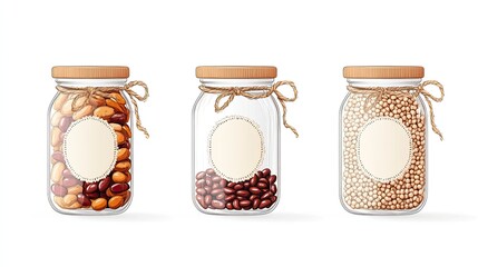 Three glass jars filled with various beans, showcasing their colorful textures against a white background