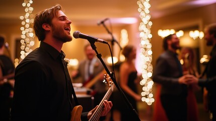 Energetic live band performance at a festive indoor event with dancing guests and ambient lights