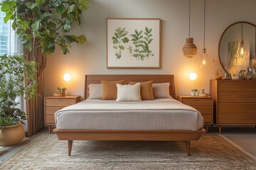 Mid-century modern king-size bed with wooden headboard and footboard, light brown cherry frame, soft lighting, Scandinavian-inspired boho-style decor, and neutral wall art in a bedroom.