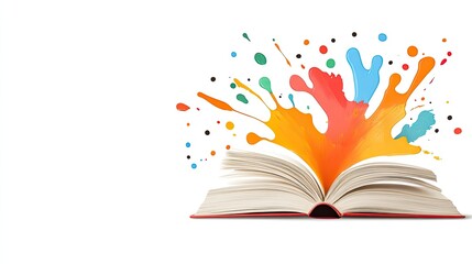 An open book with vibrant paint splashes emerging, symbolizing creativity and imagination