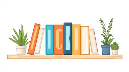 Colorful books arranged on a wooden shelf with decorative plants in cozy indoor setting