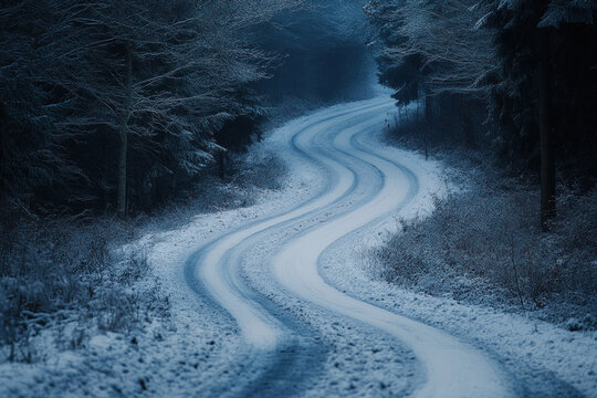 Snowy road winding through serene forest, flanked by tall trees and undisturbed winter landscape.
