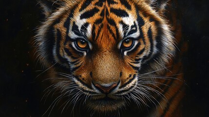 Fototapeta premium Majestic close-up of a tiger's face, showcasing its fierce gaze and intricate fur patterns