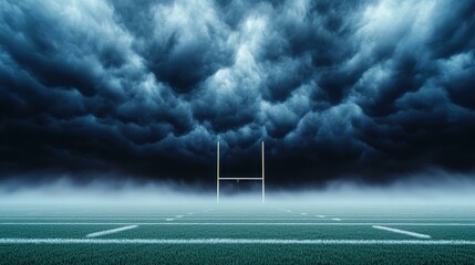 Stormy rugby field before intense match.