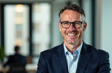 Fototapeta premium Mature businessman standing in a co-working space. Happy mature businessman smiling at the camera while standing with his arms crossed. Experienced entrepreneur working in a modern workspace.