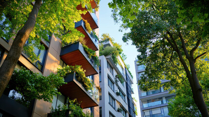 Urban landscape with modern buildings and lush greenery