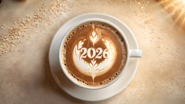 2026 happy new year. Coffee latte art .
