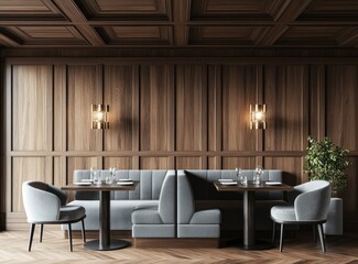 Elegant wooden restaurant interior with grey seating
