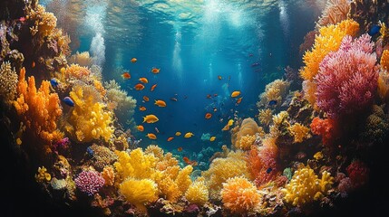 Naklejka premium Vibrant coral reef ecosystem teeming with marine life in tropical waters