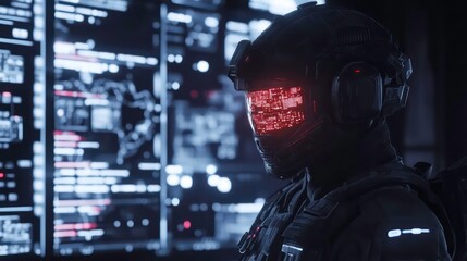 futuristic combat gear stands ready, with a virtual interface and digital data streams illuminating his environment, capturing the essence of high-tech