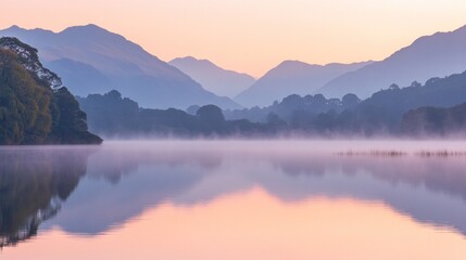 Fototapeta premium Serene landscape at dawn with mist over a lake and mountains in the background.