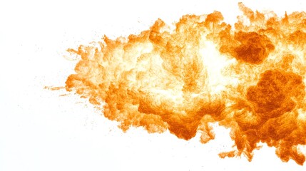Dynamic explosion of bright orange flames, isolated on a white background, creating a dramatic visual effect, perfect for designs requiring intense fire imagery.