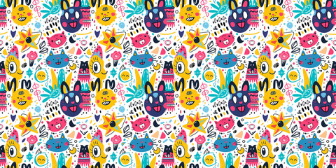 Cartoon hand-drawn doodles on the subject of summer holidays theme seamless pattern