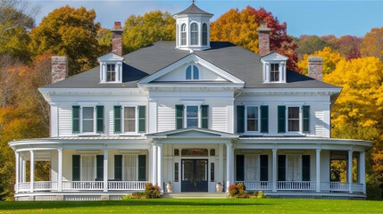 A grand traditional mansion with a symmetrical facade, a circular driveway