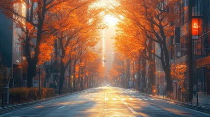 Serene autumn street scene with vibrant orange foliage lining a quiet urban road at sunset