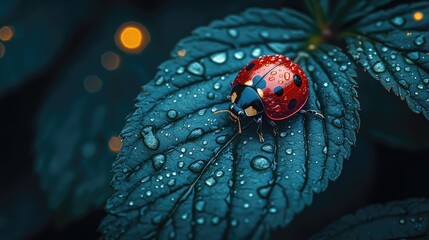 Close-up of a vibrant ladybug resting on a dewy green leaf with blurred lights in the background