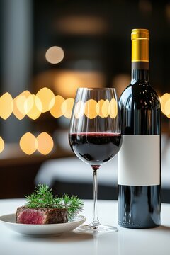 A bottle of wine and a wine glass are on a table with a plate of food