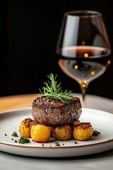 A plate of meat and potatoes with a glass of wine