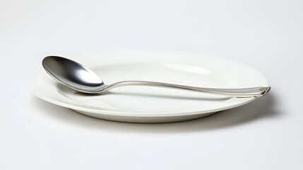 A shiny silver spoon on a white plate, isolated on white