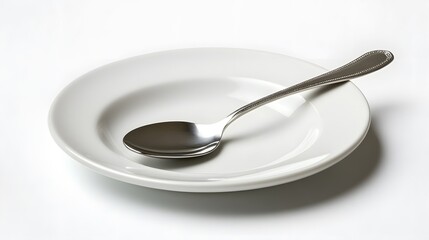 A shiny silver spoon on a white plate, isolated on white