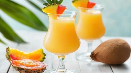 Fototapeta premium Refreshing tropical fruit cocktail in two glasses.