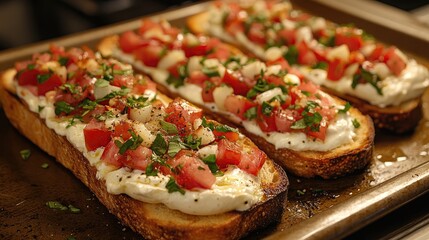 Freshly baked bruschetta topped with tomatoes, herbs, and cheese on a baking tray in a cozy kitchen