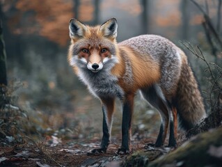A Majestic Red Fox Stares Intently in the Atmospheric Autumn Forest