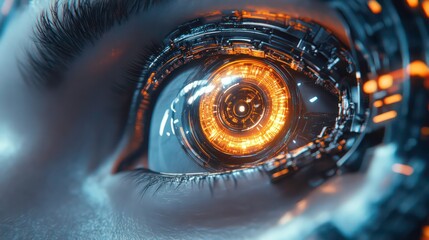 detailed close up of futuristic artificial eye, showcasing intricate mechanical components and glowing elements, symbolizing advanced technology and innovation