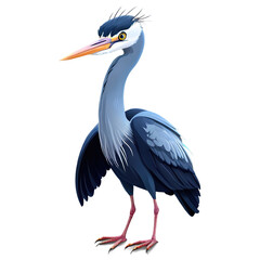 Obraz premium Cute 3D cartoon style blue heron ardea cinerea character with a friendly expression. Simple and minimalist design, Isolated on transparent background, png.