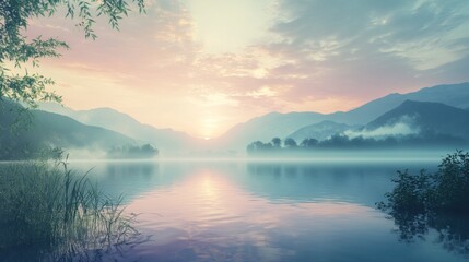 Fototapeta premium Serene landscape at sunrise over a calm lake surrounded by mountains and mist.