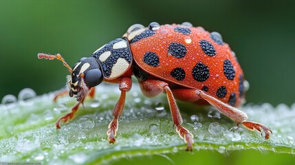 Close-up of a vibrant ladybug perched on a dewy green leaf in a lush garden setting