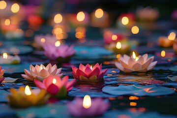 Floating lotus candles, peaceful night scene, reflection, serene atmosphere, possible use for spiritual or aesthetic content