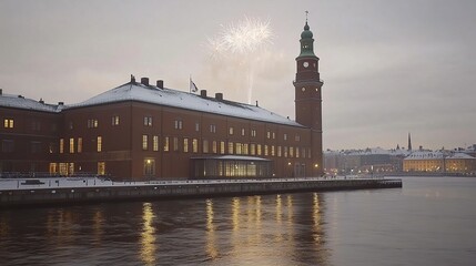 Snowy city hall, fireworks, winter cityscape, New Year's Eve celebration