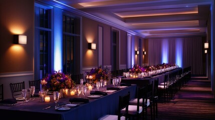 Elegant banquet hall set for a dinner with floral arrangements and ambient lighting