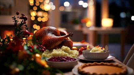 Festive Thanksgiving dinner with roasted turkey, mashed potatoes, and desserts in a cozy setting