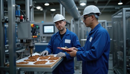 Two Workers in Blue Uniforms Inspecting Cookie Production in Factory