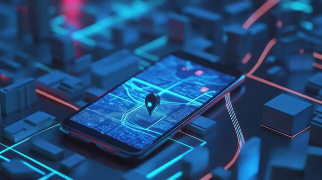 Abstract futuristic smartphone with a map on the screen and location pin