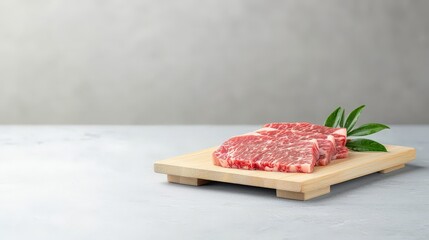 A slab of meat with a leaf on top of it