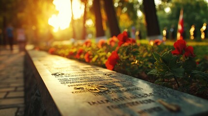 A serene sunset in a park with blooming flowers, commemorative plaque, and visitors in the background